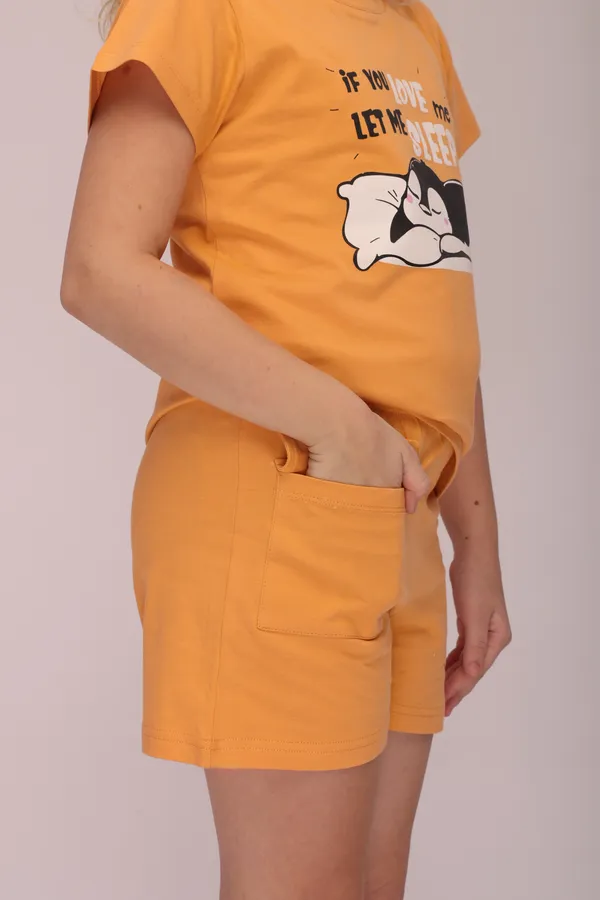 Orange_Cotton_Twinning_Top_Shorts_Set_For_Moms