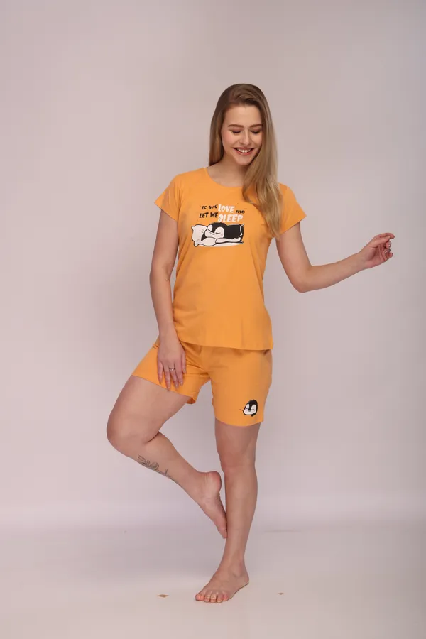 Orange_Cotton_Twinning_Top_Shorts_Set_For_Moms