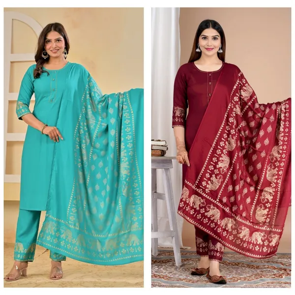 Light_Blue_And_Maroon_Viscose_Rayon_Printed_Round_Neck_A-Line_Kurta_Pyjama_And_Dupatta_For_Women_And_Girls_|_Pack_Of_2