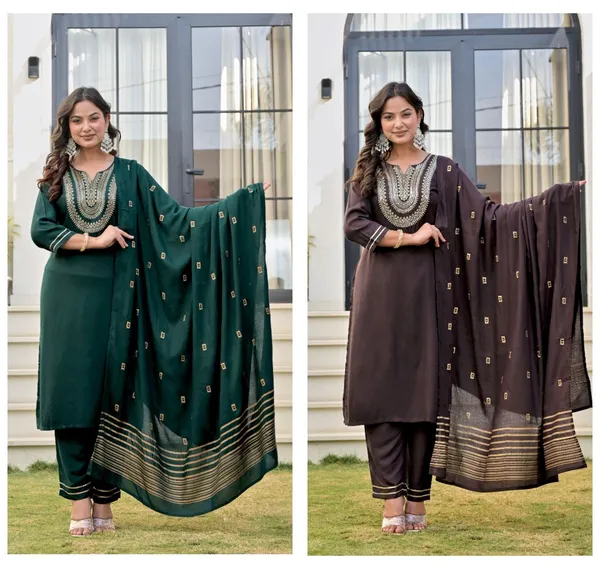 Dark_Green_And_Brown_Viscose_Rayon_Embroidered_Round_Neck_Straight_Kurta_Pyjama_And_Dupatta_For_Women_And_Girls_|_Pack_Of_2