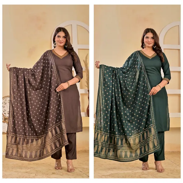 Green_And_Brown_Viscose_Rayon_Embroidered_V_Neck_A-Line_Kurta_Pant_And_Dupatta_For_Women_And_Girls_|_Pack_Of_2
