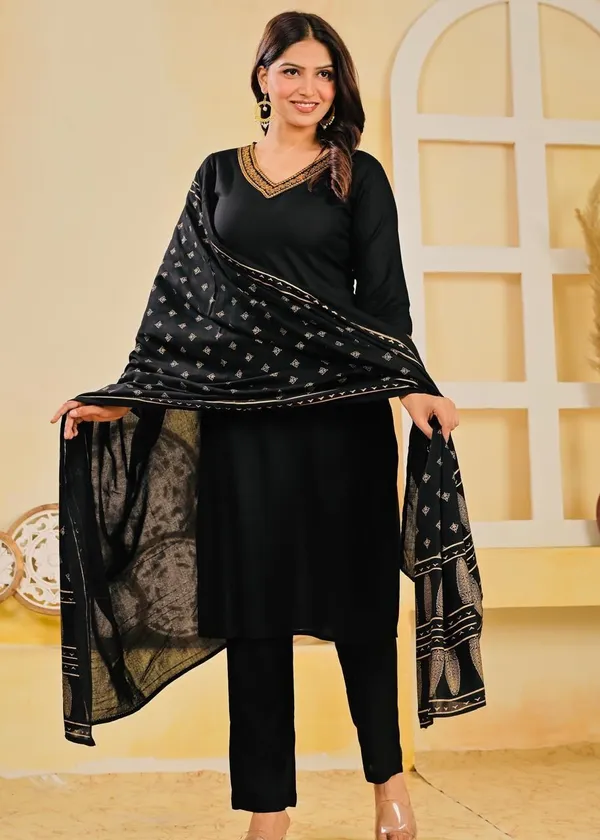 Black_Viscose_Rayon_Embroidered_V_Neck_A-Line_Kurta_Pant_And_Dupatta_For_Women_And_Girls