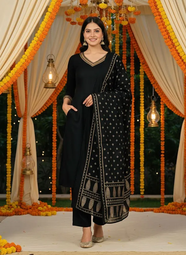 Black_Viscose_Rayon_Embroidered_V_Neck_A-Line_Kurta_Pant_And_Dupatta_For_Women_And_Girls