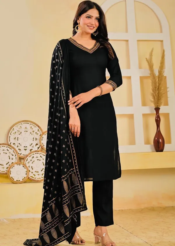 Black_Viscose_Rayon_Embroidered_V_Neck_A-Line_Kurta_Pant_And_Dupatta_For_Women_And_Girls