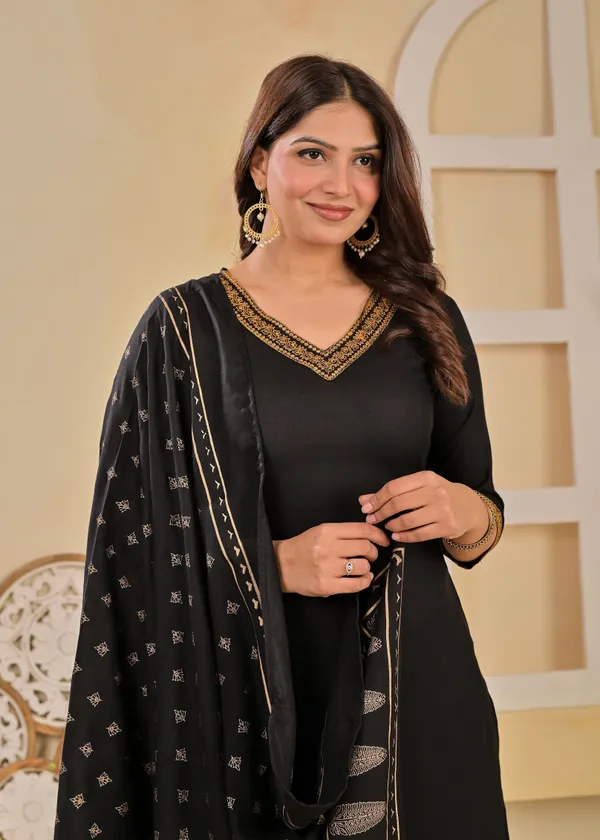 Black_Viscose_Rayon_Embroidered_V_Neck_A-Line_Kurta_Pant_And_Dupatta_For_Women_And_Girls