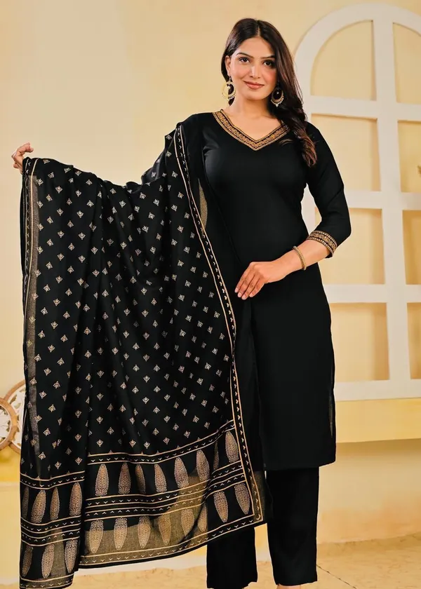 Black_Viscose_Rayon_Embroidered_V_Neck_A-Line_Kurta_Pant_And_Dupatta_For_Women_And_Girls