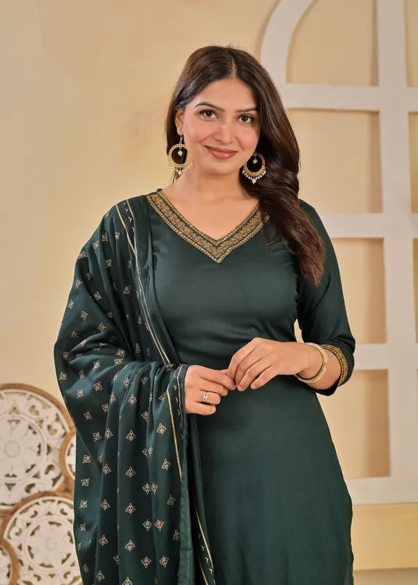 Green_Viscose_Rayon_Embroidered_V_Neck_A-Line_Kurta_Pant_And_Dupatta_For_Women_And_Girls