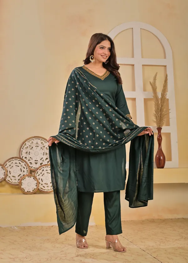 Green_Viscose_Rayon_Embroidered_V_Neck_A-Line_Kurta_Pant_And_Dupatta_For_Women_And_Girls