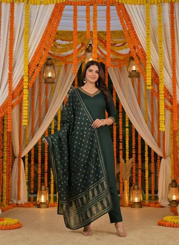 Green_Viscose_Rayon_Embroidered_V_Neck_A-Line_Kurta_Pant_And_Dupatta_For_Women_And_Girls