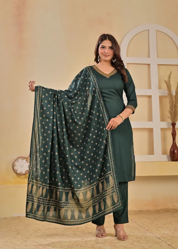 Green_Viscose_Rayon_Embroidered_V_Neck_A-Line_Kurta_Pant_And_Dupatta_For_Women_And_Girls