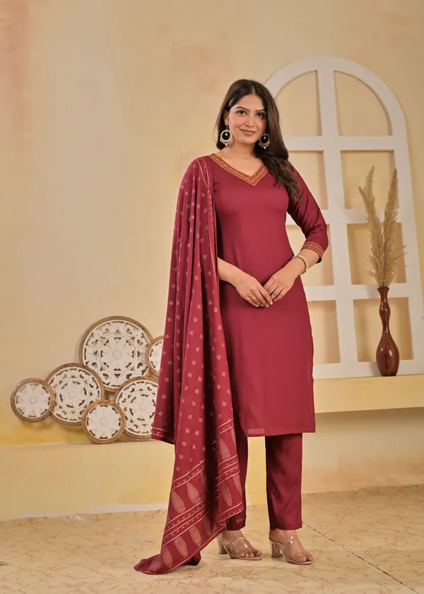 Maroon_And_Black_Viscose_Rayon_Embroidered_V_Neck_A-Line_Kurta_Pant_And_Dupatta_For_Women_And_Girls_|_Pack_Of_2