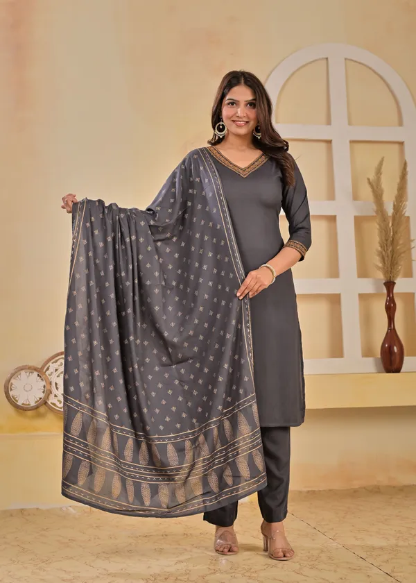 Grey_Viscose_Rayon_Embroidered_V_Neck_A-Line_Kurta_Pant_And_Dupatta_For_Women_And_Girls
