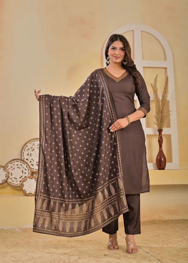 Brown_Viscose_Rayon_Embroidered_V_Neck_A-Line_Kurta_Pant_And_Dupatta_For_Women_And_Girls