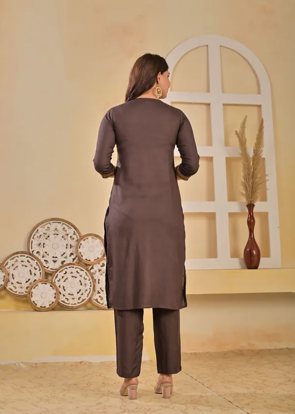 Brown_Viscose_Rayon_Embroidered_V_Neck_A-Line_Kurta_Pant_And_Dupatta_For_Women_And_Girls