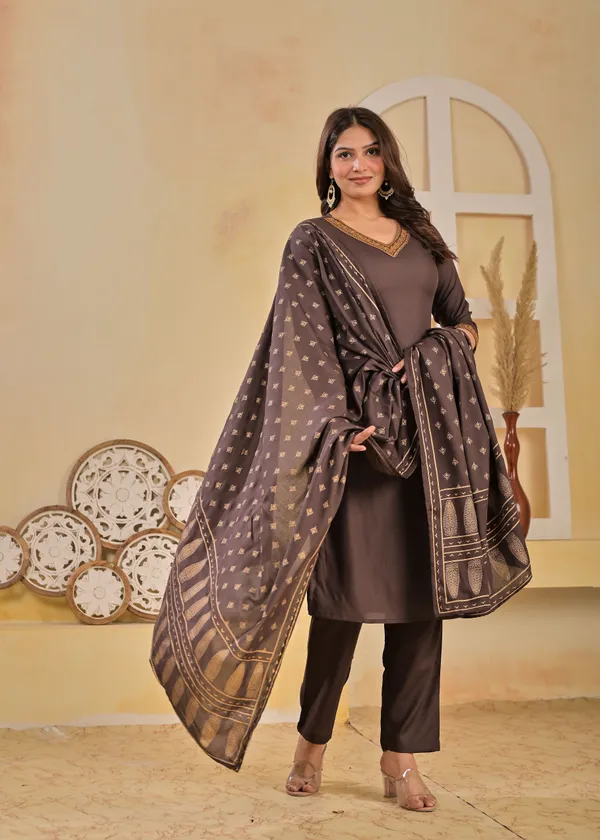 Brown_Viscose_Rayon_Embroidered_V_Neck_A-Line_Kurta_Pant_And_Dupatta_For_Women_And_Girls