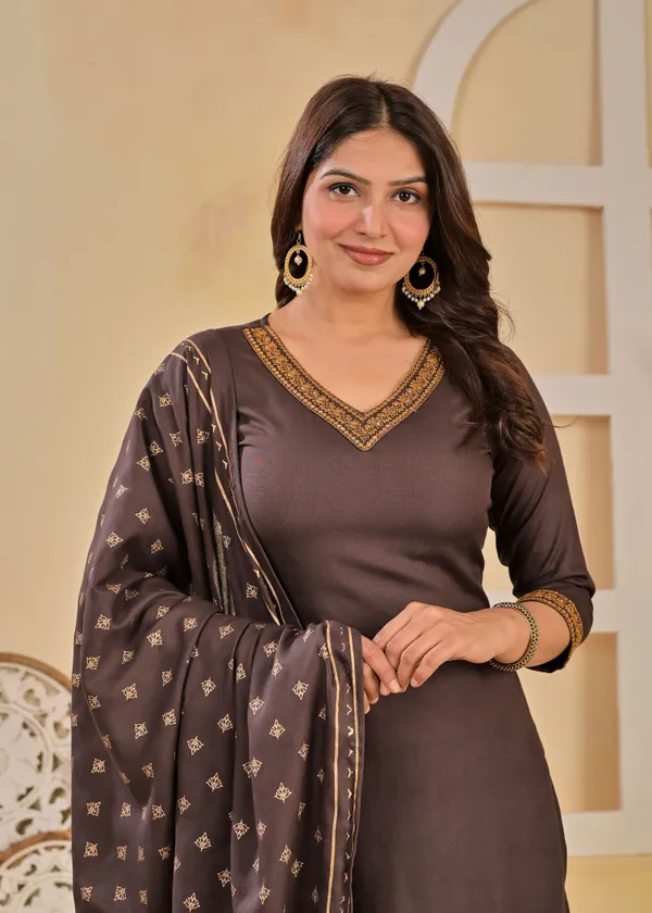 Brown_Viscose_Rayon_Embroidered_V_Neck_A-Line_Kurta_Pant_And_Dupatta_For_Women_And_Girls