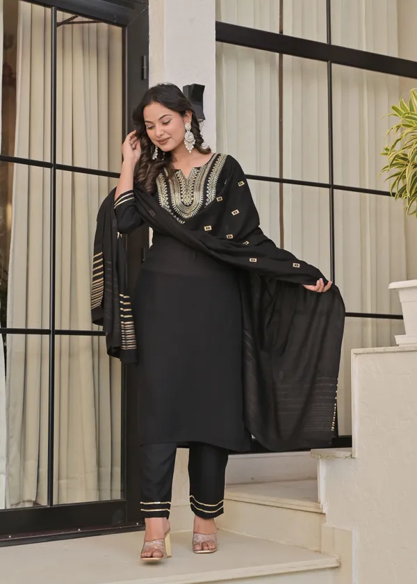 Black_Viscose_Rayon_Embroidered_Round_Neck_A-Line_Kurta_Pyjama_And_Dupatta_For_Women_And_Girls