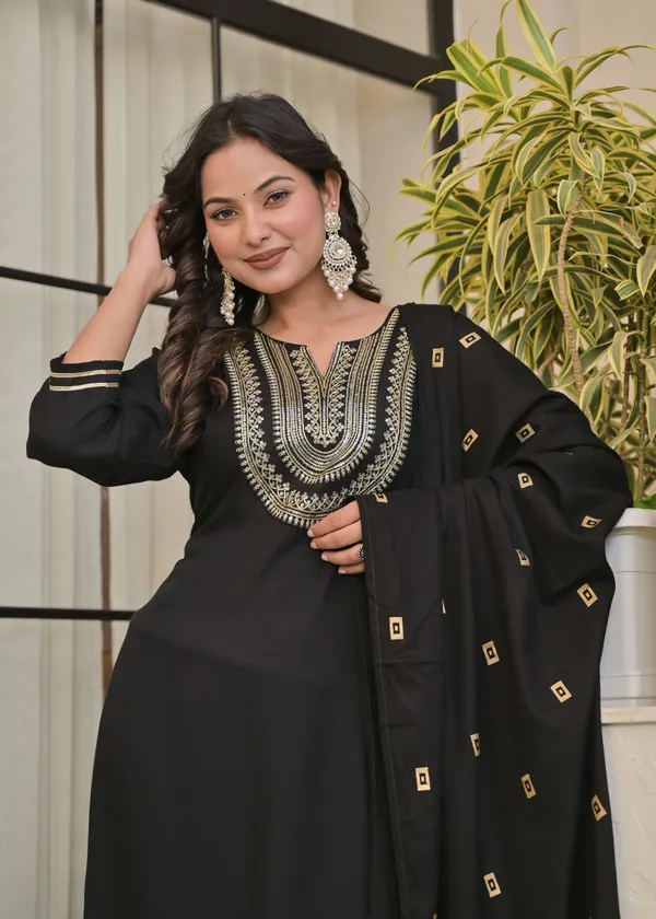 Black_Viscose_Rayon_Embroidered_Round_Neck_A-Line_Kurta_Pyjama_And_Dupatta_For_Women_And_Girls