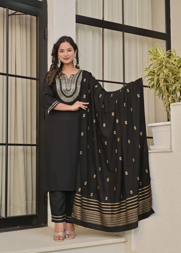 Black_Viscose_Rayon_Embroidered_Round_Neck_A-Line_Kurta_Pyjama_And_Dupatta_For_Women_And_Girls