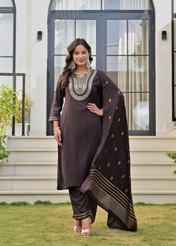 Brown_Viscose_Rayon_Embroidered_Round_Neck_Straight_Kurta_Pyjama_And_Dupatta_For_Women_And_Girls