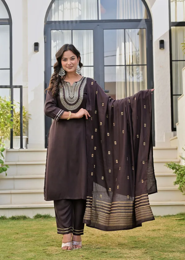 Dark_Green_And_Brown_Viscose_Rayon_Embroidered_Round_Neck_Straight_Kurta_Pyjama_And_Dupatta_For_Women_And_Girls_|_Pack_Of_2