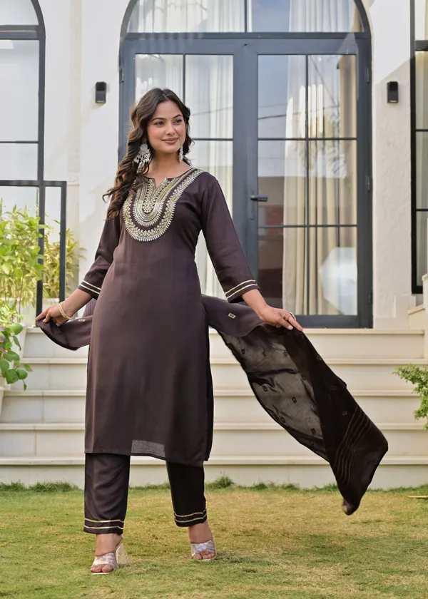 Dark_Green_And_Brown_Viscose_Rayon_Embroidered_Round_Neck_Straight_Kurta_Pyjama_And_Dupatta_For_Women_And_Girls_|_Pack_Of_2