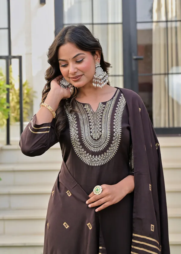 Dark_Green_And_Brown_Viscose_Rayon_Embroidered_Round_Neck_Straight_Kurta_Pyjama_And_Dupatta_For_Women_And_Girls_|_Pack_Of_2