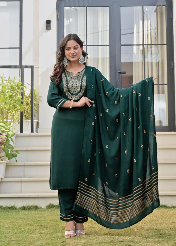 Dark_Green_And_Brown_Viscose_Rayon_Embroidered_Round_Neck_Straight_Kurta_Pyjama_And_Dupatta_For_Women_And_Girls_|_Pack_Of_2