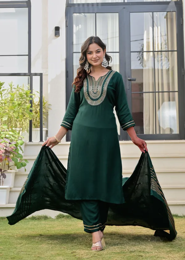 Dark_Green_And_Brown_Viscose_Rayon_Embroidered_Round_Neck_Straight_Kurta_Pyjama_And_Dupatta_For_Women_And_Girls_|_Pack_Of_2