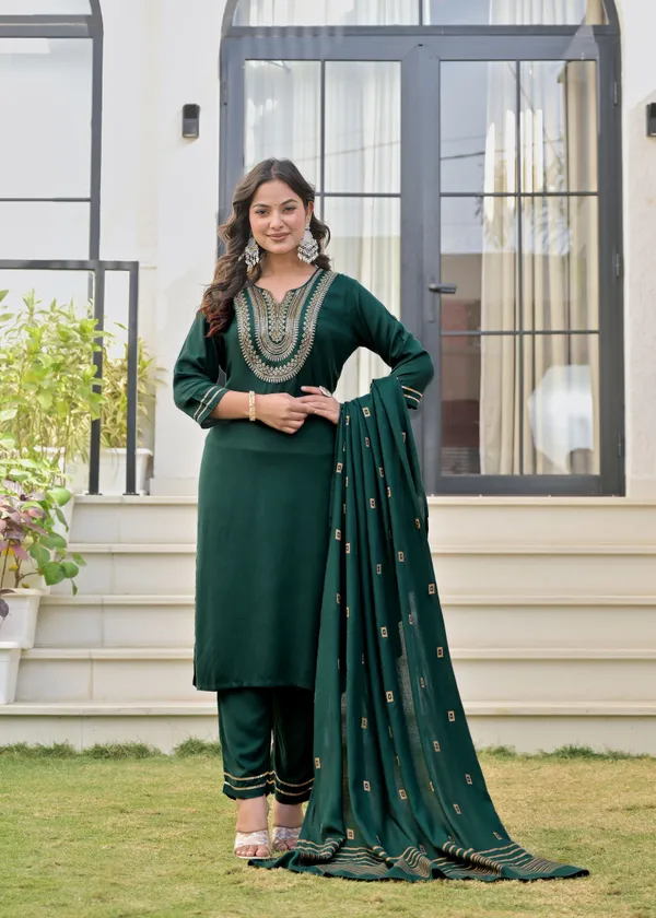 Dark_Green_And_Brown_Viscose_Rayon_Embroidered_Round_Neck_Straight_Kurta_Pyjama_And_Dupatta_For_Women_And_Girls_|_Pack_Of_2