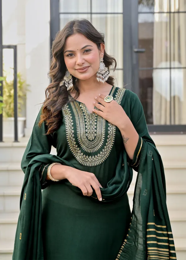 Dark_Green_And_Brown_Viscose_Rayon_Embroidered_Round_Neck_Straight_Kurta_Pyjama_And_Dupatta_For_Women_And_Girls_|_Pack_Of_2