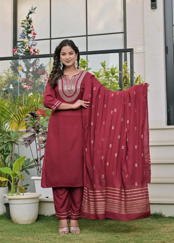 Maroon_Viscose_Rayon_Embroidered_Round_Neck_Straight_Kurta_Pyjama_And_Dupatta_For_Women_And_Girls