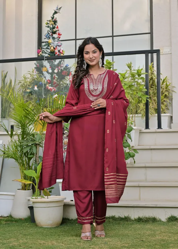 Maroon_Viscose_Rayon_Embroidered_Round_Neck_Straight_Kurta_Pyjama_And_Dupatta_For_Women_And_Girls