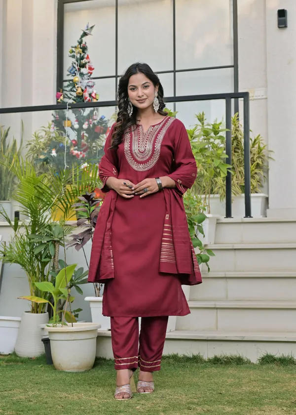 Maroon_Viscose_Rayon_Embroidered_Round_Neck_Straight_Kurta_Pyjama_And_Dupatta_For_Women_And_Girls