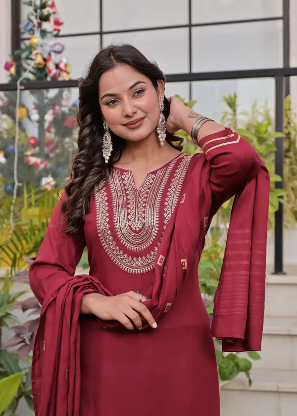 Maroon_Viscose_Rayon_Embroidered_Round_Neck_Straight_Kurta_Pyjama_And_Dupatta_For_Women_And_Girls