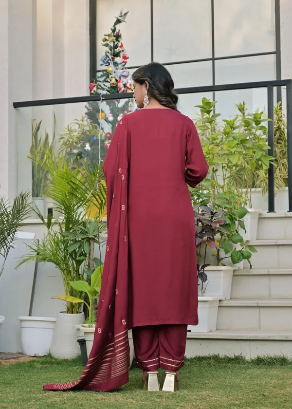 Maroon_Viscose_Rayon_Embroidered_Round_Neck_Straight_Kurta_Pyjama_And_Dupatta_For_Women_And_Girls