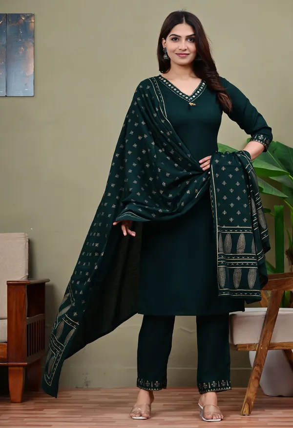 Green_Viscose_Rayon_Embroidered_V_Neck_Straight_Kurta_Pyjama_And_Dupatta_For_Women_And_Girls