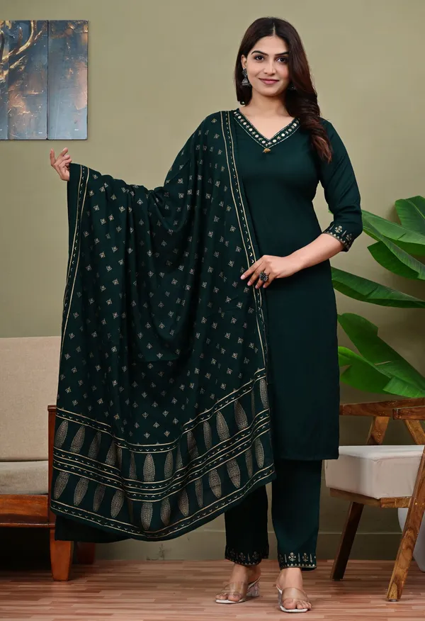 Green_Viscose_Rayon_Embroidered_V_Neck_Straight_Kurta_Pyjama_And_Dupatta_For_Women_And_Girls