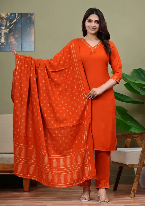 Orange_Viscose_Rayon_Embroidered_V_Neck_Straight_Kurta_Pyjama_And_Dupatta_For_Women_And_Girls