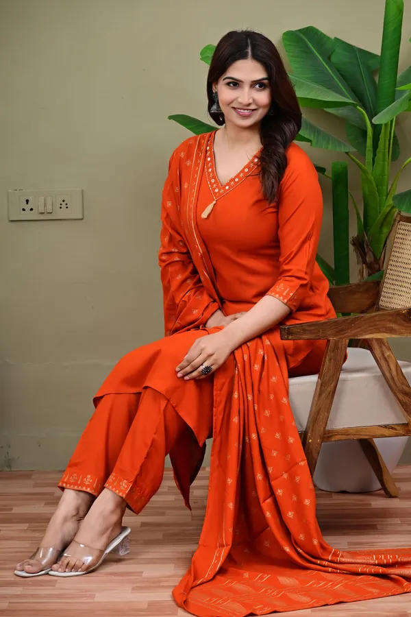 Orange_Viscose_Rayon_Embroidered_V_Neck_Straight_Kurta_Pyjama_And_Dupatta_For_Women_And_Girls
