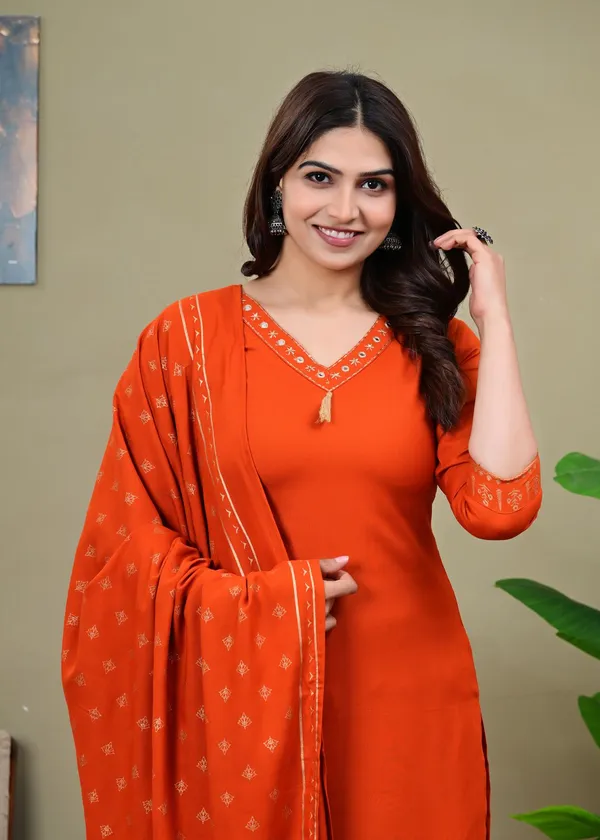 Orange_Viscose_Rayon_Embroidered_V_Neck_Straight_Kurta_Pyjama_And_Dupatta_For_Women_And_Girls