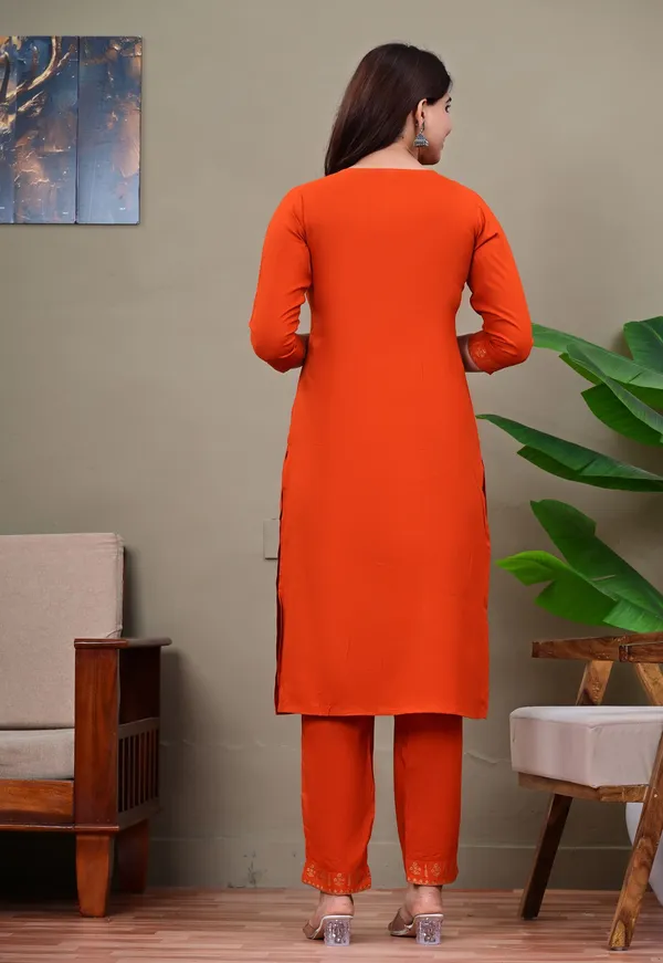 Orange_Viscose_Rayon_Embroidered_V_Neck_Straight_Kurta_Pyjama_And_Dupatta_For_Women_And_Girls