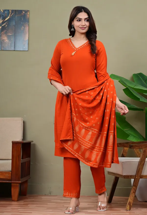 Orange_Viscose_Rayon_Embroidered_V_Neck_Straight_Kurta_Pyjama_And_Dupatta_For_Women_And_Girls