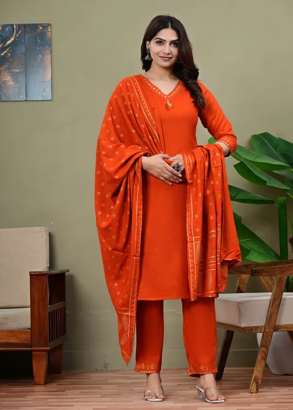 Orange_Viscose_Rayon_Embroidered_V_Neck_Straight_Kurta_Pyjama_And_Dupatta_For_Women_And_Girls