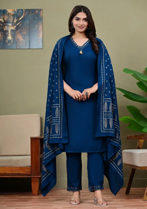 Maroon_And_Dark_Blue_Viscose_Rayon_Embroidered_V_Neck_Straight_Kurta_Pyjama_And_Dupatta_For_Women_And_Girls_|_Pack_Of_2