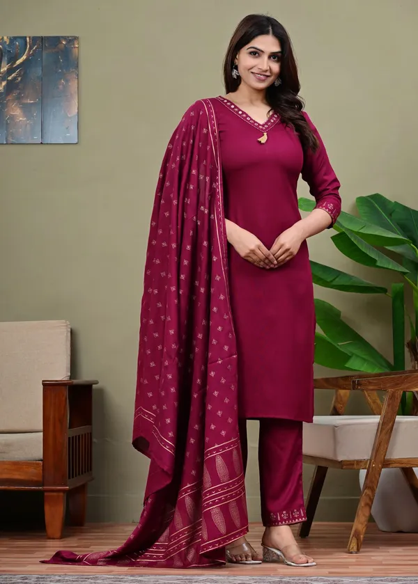 Maroon_Viscose_Rayon_Embroidered_V_Neck_Straight_Kurta_Pyjama_And_Dupatta_For_Women_And_Girls