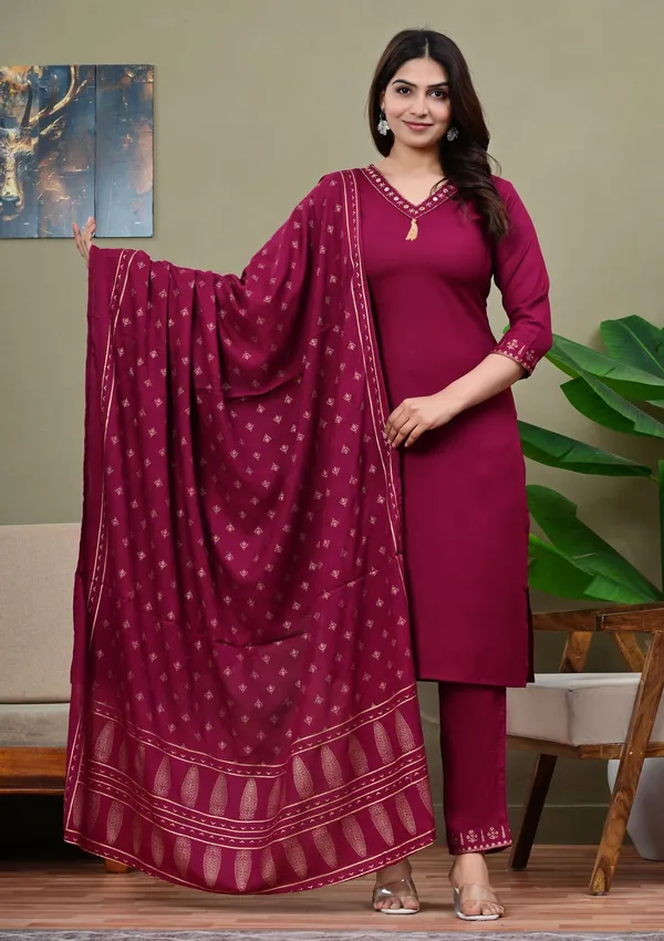 Maroon_Viscose_Rayon_Embroidered_V_Neck_Straight_Kurta_Pyjama_And_Dupatta_For_Women_And_Girls