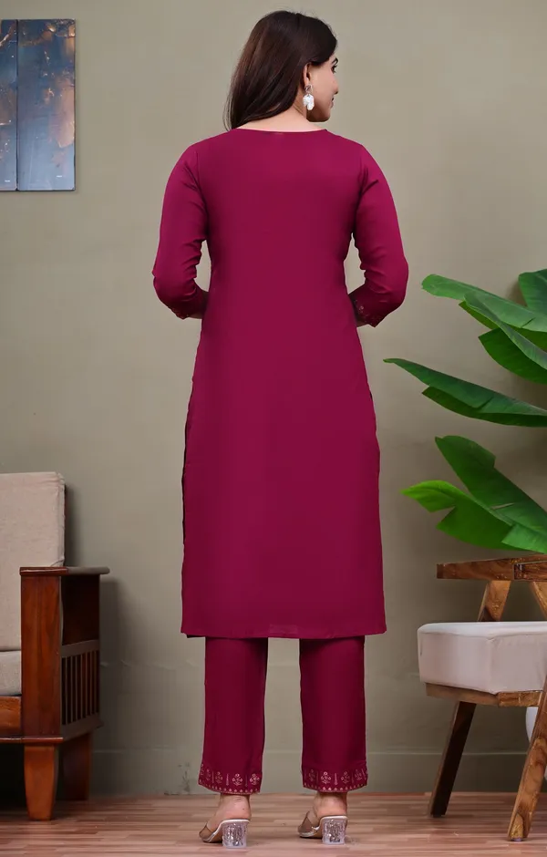Maroon_Viscose_Rayon_Embroidered_V_Neck_Straight_Kurta_Pyjama_And_Dupatta_For_Women_And_Girls
