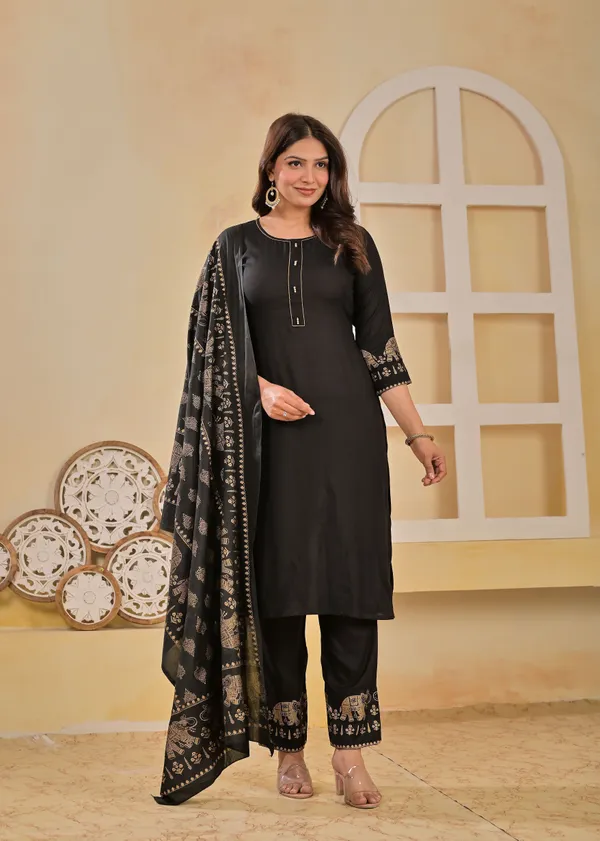 Wine_And_Black_Viscose_Rayon_Printed_Round_Neck_A-Line_Kurta_Pyjama_And_Dupatta_For_Women_And_Girls_|_Pack_Of_2