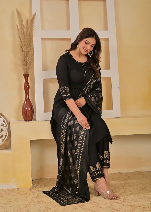 Black_Viscose_Rayon_Printed_V_Neck_A-Line_Kurta_Pyjama_And_Dupatta_For_Women_And_Girls